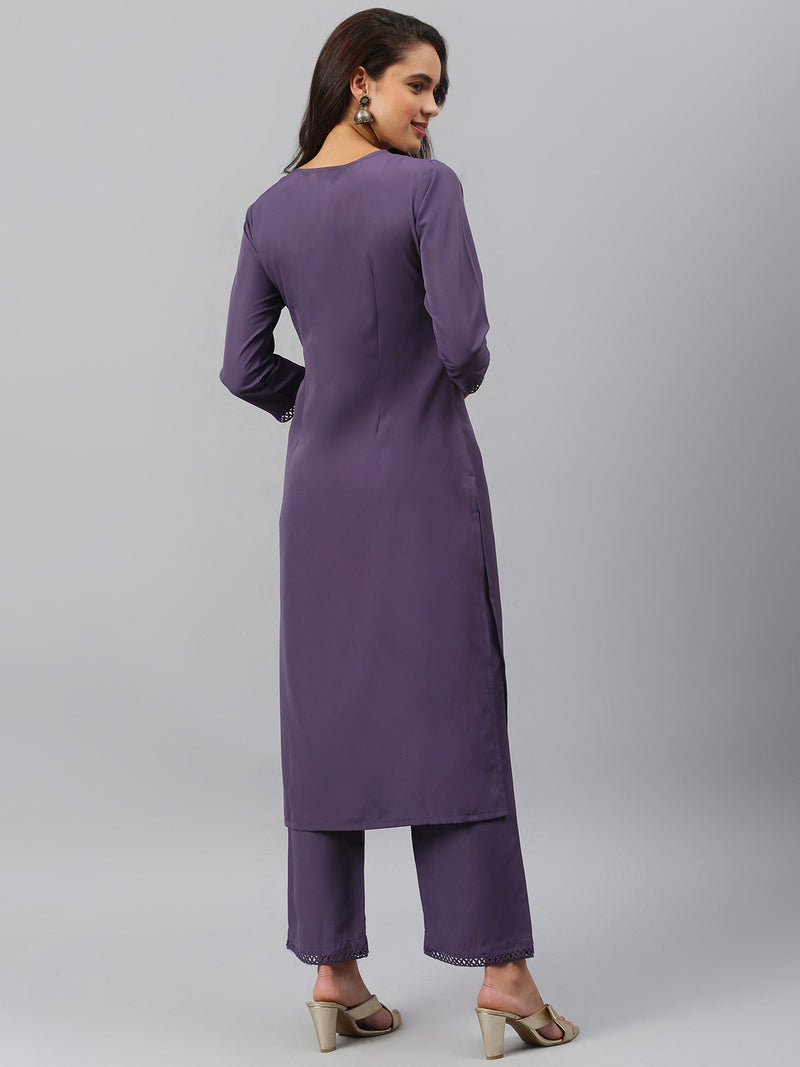 Solid Purple Side Slit Straight Kurta And Palazzo Set