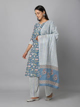 Blue And White Floral Printed Side Slit Straight Kurta Palazzo And Dupatta Set