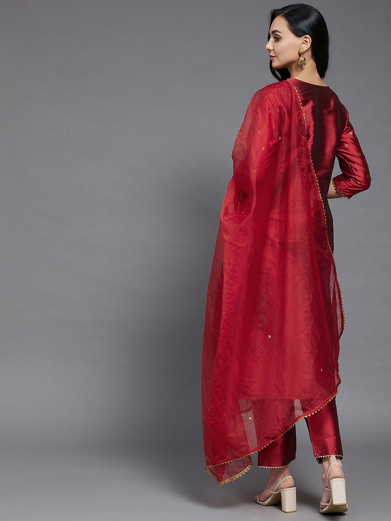 Red Gold Printed Side Straight Kurta And Palazzo And Embroidered Dupatta Set