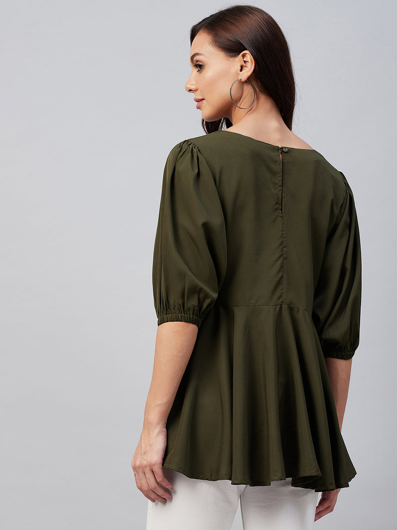 Solid Olive Gathered A-Line Top