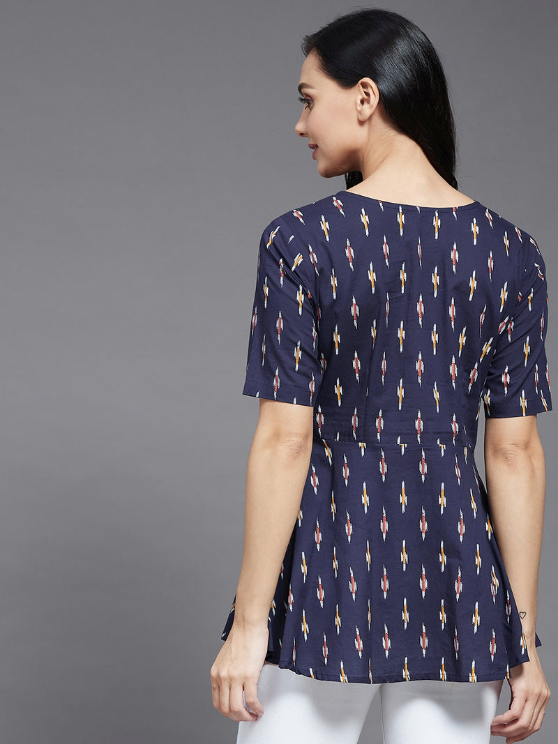 Navy Blue Ikkat Printed A-Line Top