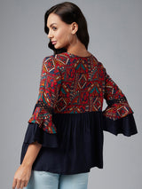 Red And Navy Ethnic Printed Gathered A-Line Top