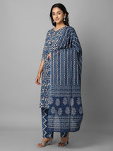 Navy Blue Printed Side Slit Straight Kurta Palazzo And Dupatta Set