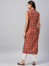 Rust And White Geometric Printed Side Slit Button Down Straight Kurta