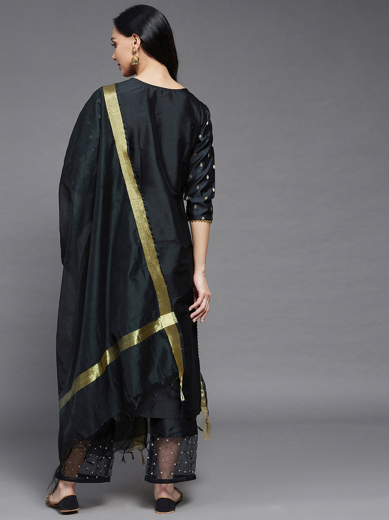 Solid Black Gold Printed Side Slit Straight Kurta Palazzo And Dupatta Set