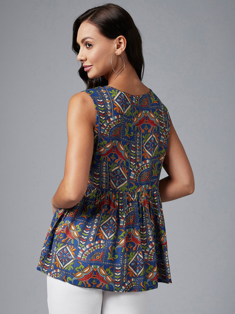 Blue And Maroon Ethnic Printed Sleeveless Gathered A-Line Top