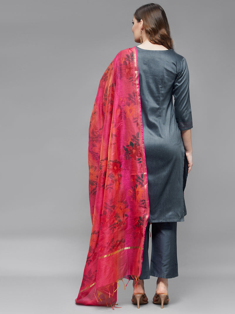 Embroidered Kurta With Trouser And Printed Dupatta