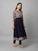 Navy Blue Floral Printed Anarkali Kurta