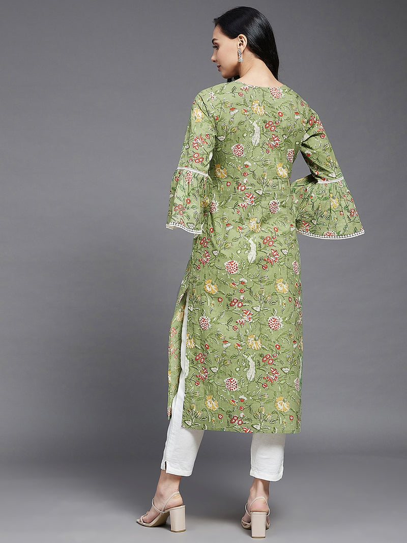 Green Floral Side Slit Straight Kurta