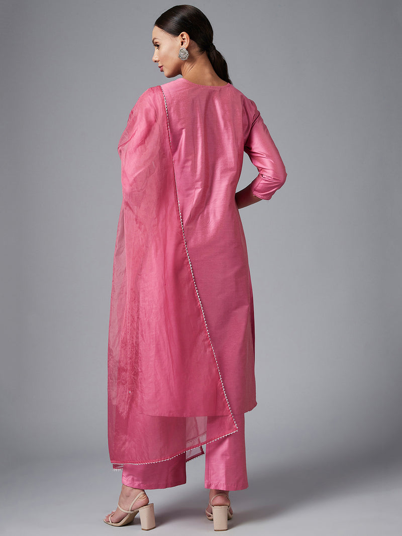 Pink Solid Embroidred Side Slit Straight Kurta Palazzo And Dupatta Set