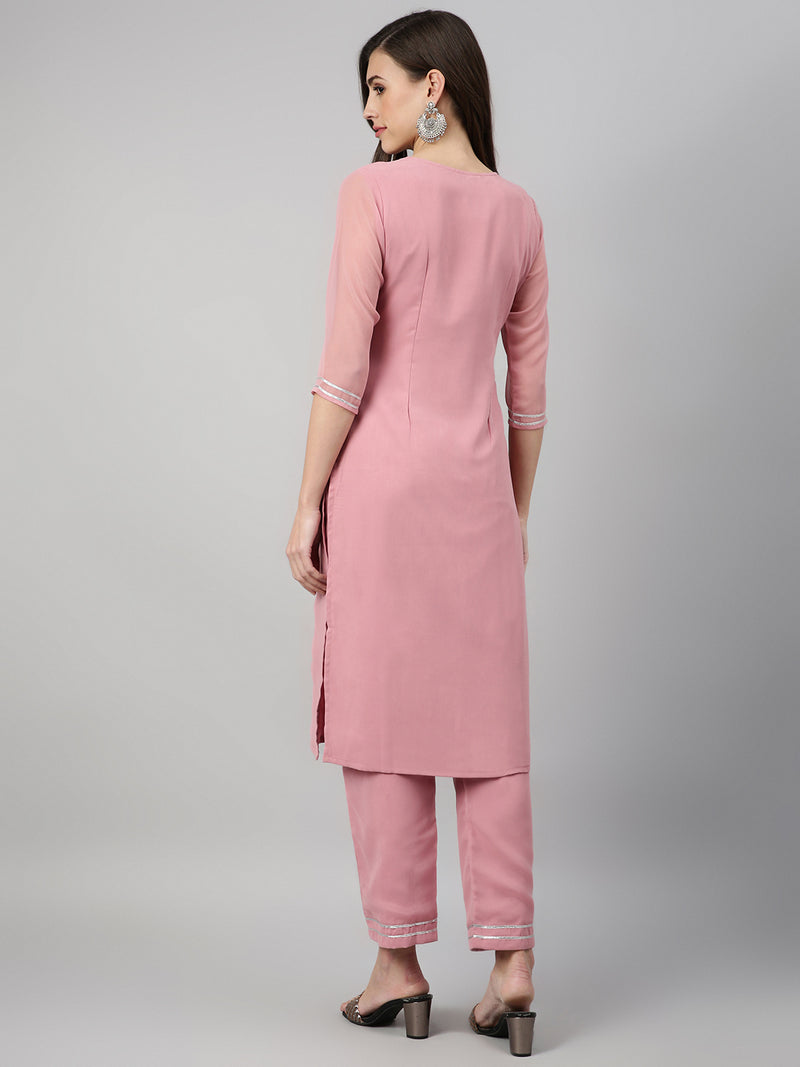 Solid Mauve Embroidered Side Slit Straight Kurta Palazzo Set