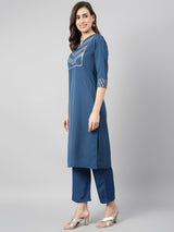 Solid Petrol Blue Side Slit Straight Kurta Palazzo And Dupatta Set