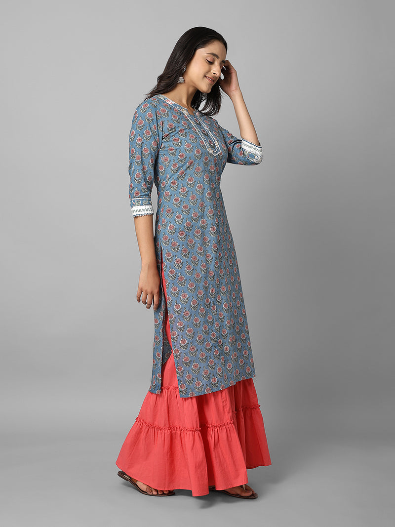 Grey And Pink Ethnic Floral Printed Side Slit Straight Kurta