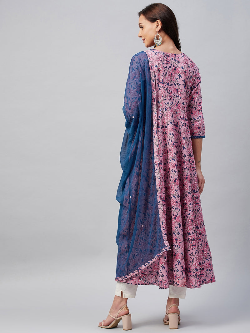 Pink And Blue Floral Printed Anarkali Kurta And Dupatta