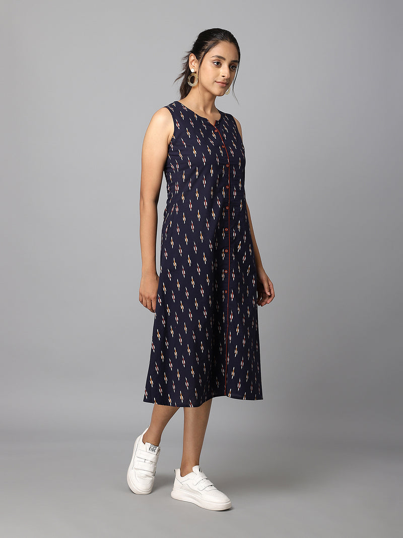 Navy Blue Ikkat Printed A-Line Dress Having Pocket