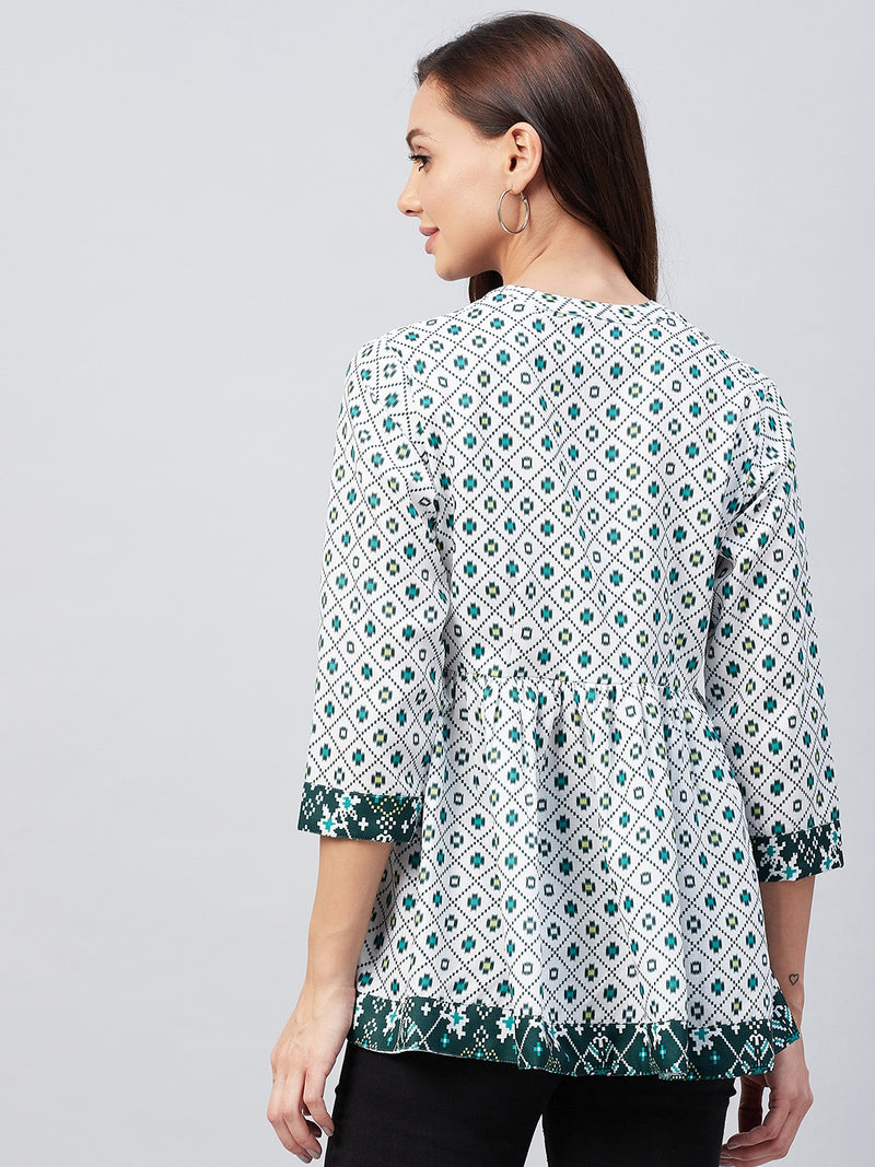 White And Green Geometric Printed Gathered A-Line Top