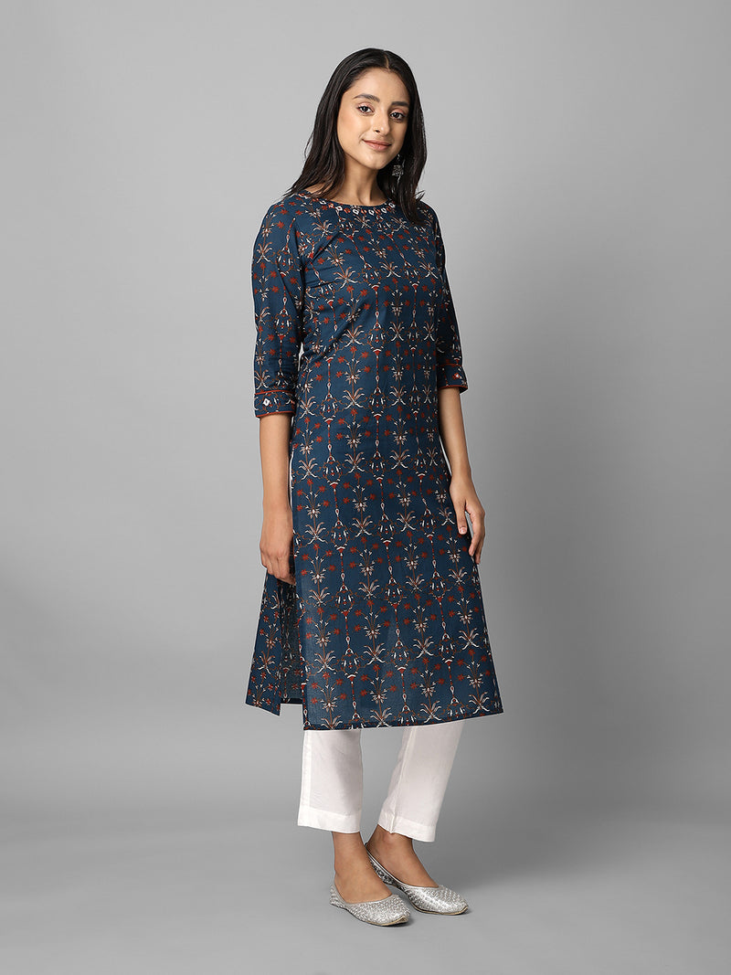 Dark Blue And Rust Ethnic Printed Side Slit Straight Kurta Having Mirror Work On Neck