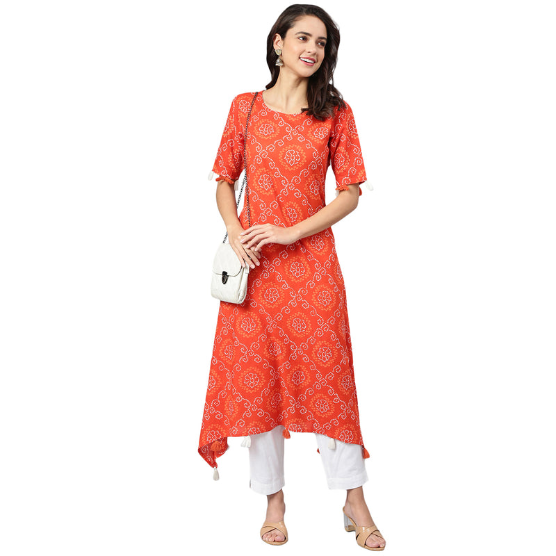 Orange And White Bandhani Printed A-Line Kurta