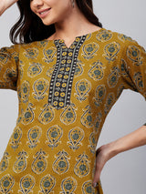 Olive Ethnic Printed Side Slit Straight Kurti