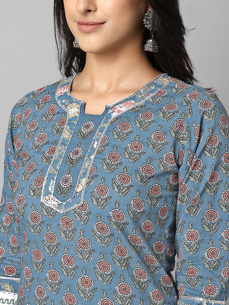 Grey And Pink Ethnic Floral Printed Side Slit Straight Kurta