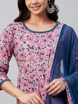 Pink And Blue Floral Printed Anarkali Kurta And Dupatta