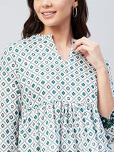 White And Green Geometric Printed Gathered A-Line Top