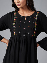 Solid Black Embroidered Gathered A-Line Top