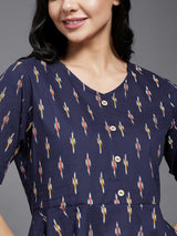 Navy Blue Ikkat Printed A-Line Top