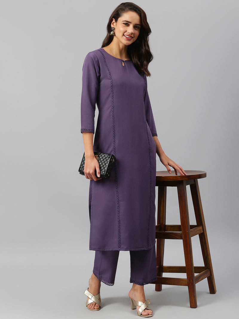 Solid Purple Side Slit Straight Kurta And Palazzo Set