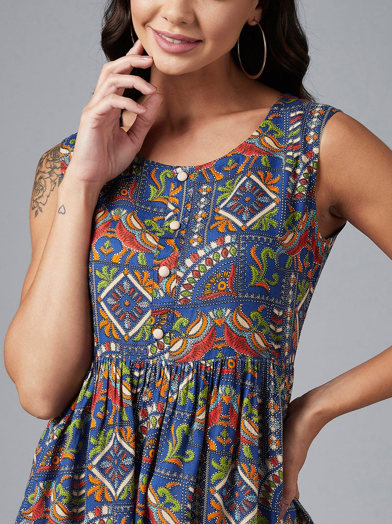 Blue And Maroon Ethnic Printed Sleeveless Gathered A-Line Top