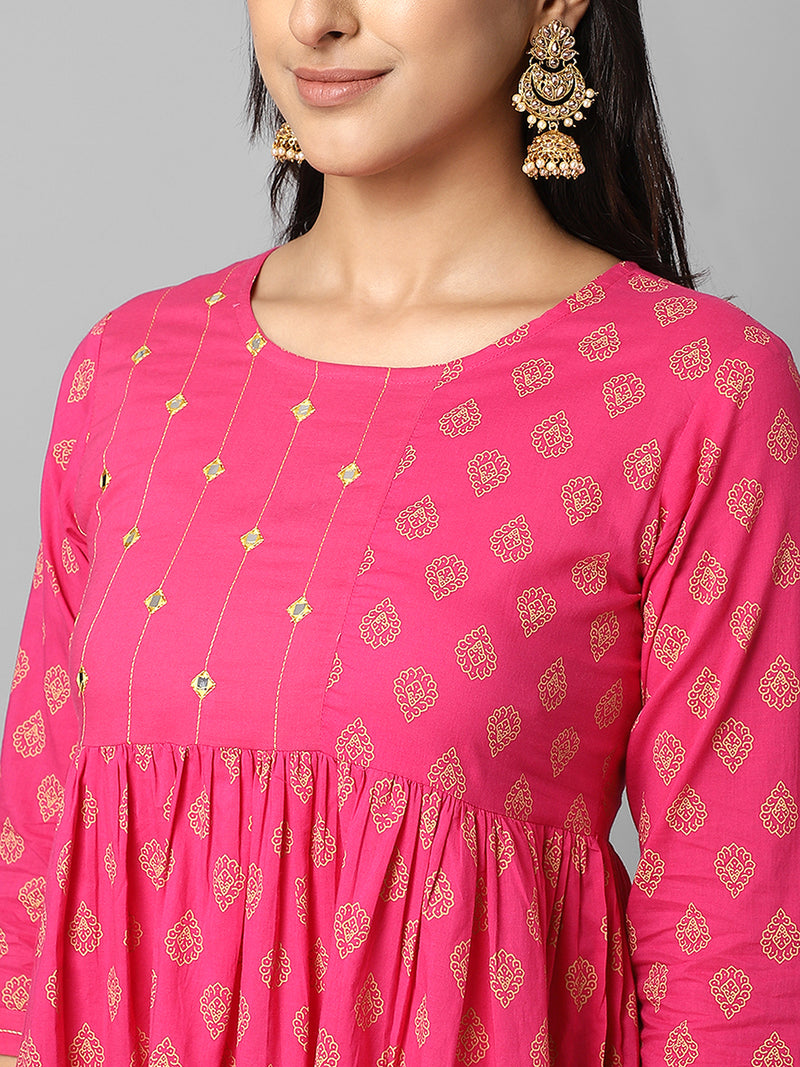 Gold Printed Magenta Ethnic Printed Gathered A-Line Kurta