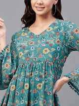 Green floral Printed Gathered A-Line Dress