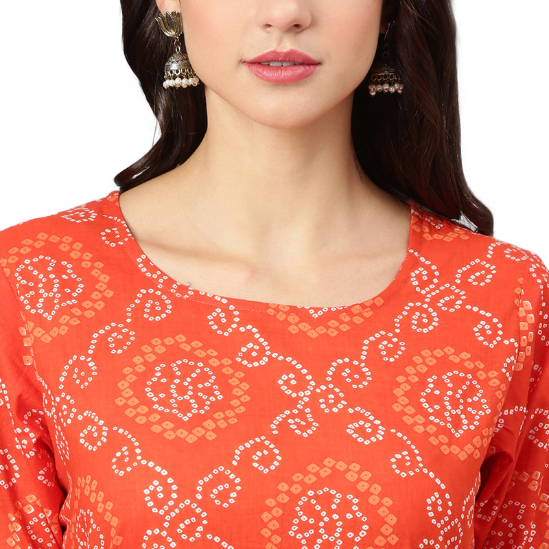 Orange And White Bandhani Printed A-Line Kurta