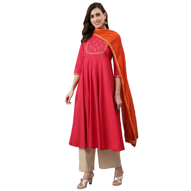 Solid Pink Embroidered Anarkali Kurta With Dupatta