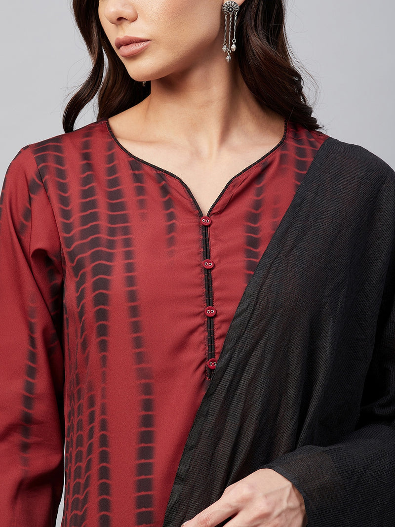 Maroon And Black Shibori Printed Side Slit Straight Kurta Palazzo And Dupatta Set