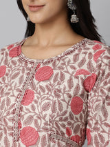 Cream And Pink Floral Printed Anarkali Kurta