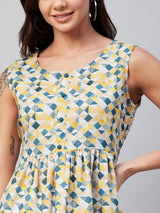 Yellow And Blue Geometric Printed Gathered A-Line Top