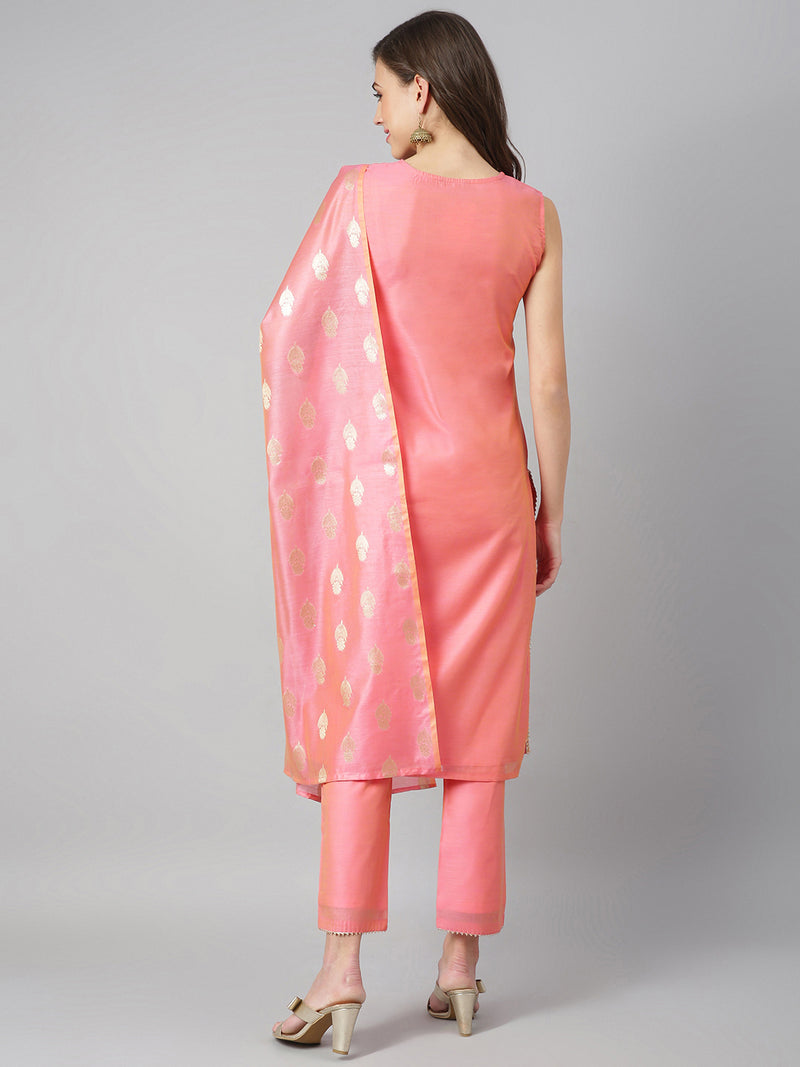 Solid Peach Side Slit Straight Kurta Palazzo And Gold Dupatta