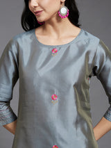 Solid Grey Embroidered Side Slit Straight Kurta Palazzo And Dupatta Set