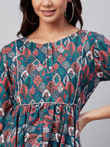 Multi Color Ethnic Printed Gathered A-Line Dress