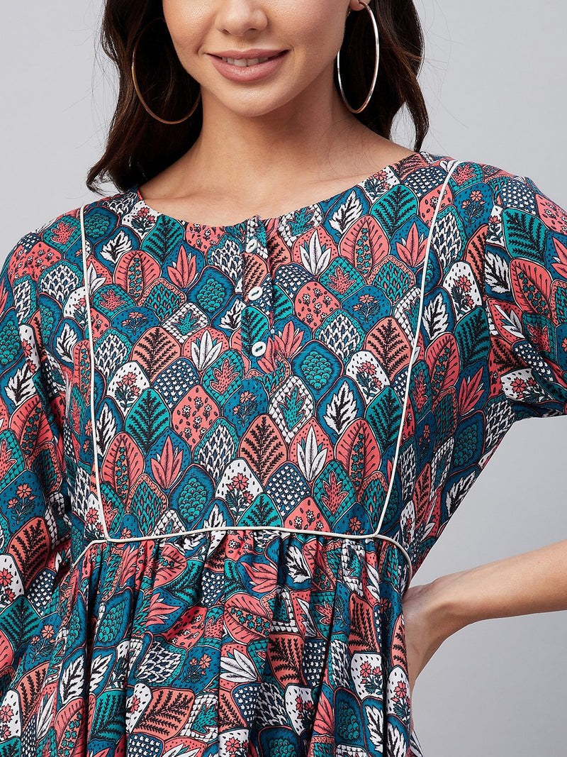 Multi Color Ethnic Printed Gathered A-Line Dress