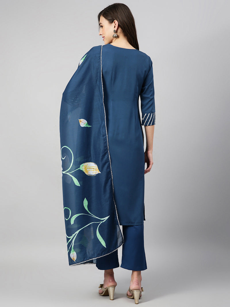 Solid Petrol Blue Side Slit Straight Kurta Palazzo And Dupatta Set