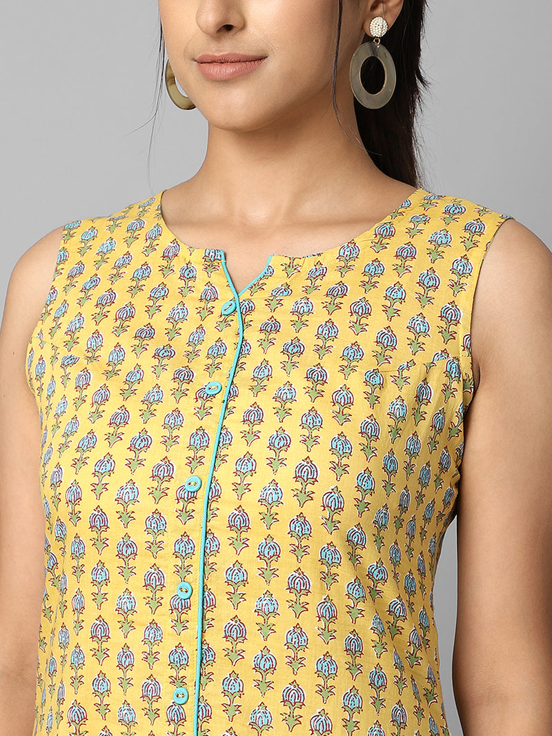 Yellow Ethnic Printed Button Down A-Line Dress