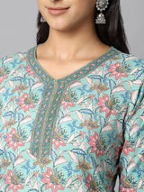 Green And Pink Floral Printed Side Slit Straight Kurta With Palazzo And Dupatta Set