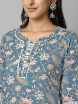 Blue And White Floral Printed Side Slit Straight Kurta Palazzo And Dupatta Set