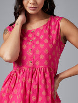 Magenta Ethnic Gold Printed Sleeveless A-Line Top