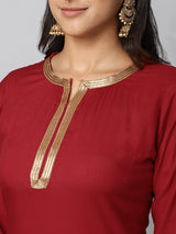 Red And Gold Solid Side Slit Straight Kurta Palazzo And Dupatta Set