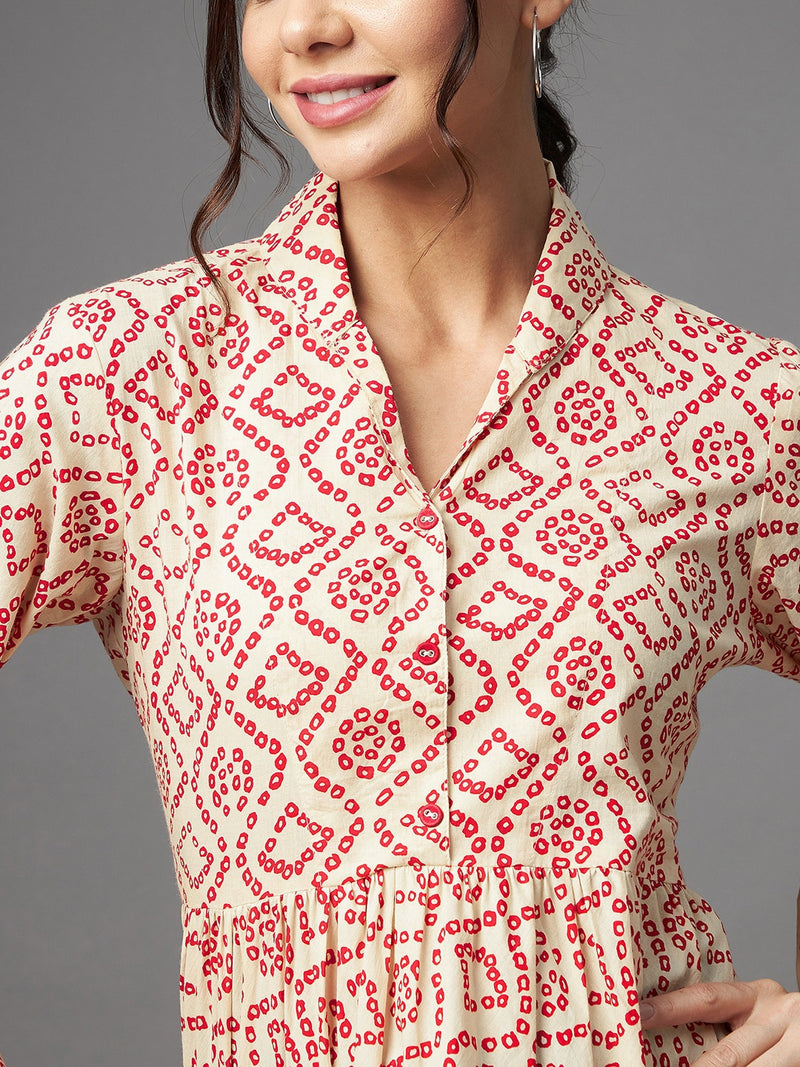 Cream And Red Bandhani Printed Gathered A-Line Top