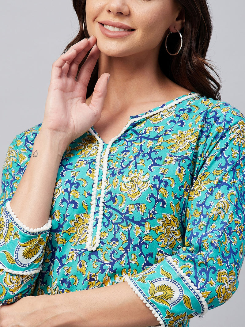 Green Floral Printed Side Slit Straight Kurta