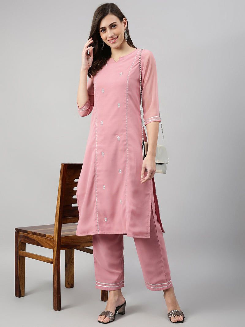 Solid Mauve Embroidered Side Slit Straight Kurta Palazzo Set